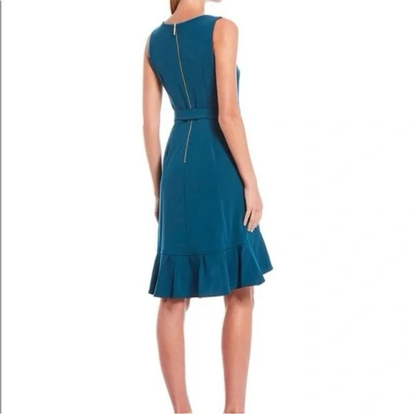 Calvin Klein ruffle sheath dress tie waist flounce hem size 4 teal - Picture 4 of 13